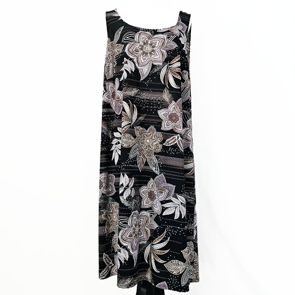R & M Richards Woman Black and Tan Floral Print Shift Dress